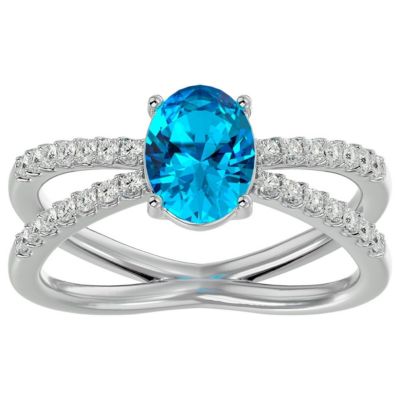 Belk & Co 1 1/2 Carat Oval Shape Blue Topaz and Halo Diamond Ring In Sterling Silver, White, 8 -  6651292418123