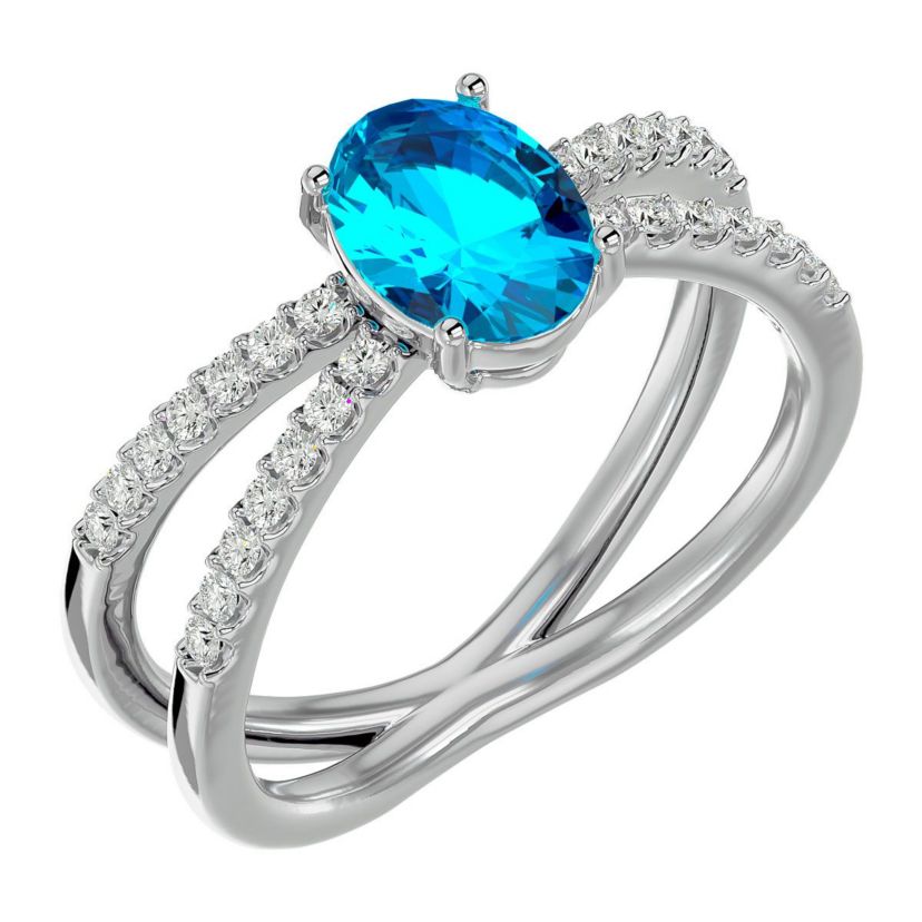 1 1/2 ct. t.w. Oval Shape Blue Topaz and Halo Diamond Ring In Sterling Silver