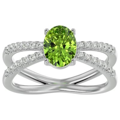 1 1/ Carat Oval Shape Peridot and Halo Diamond Ring Sterling Silver