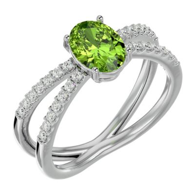 1 1/ Carat Oval Shape Peridot and Halo Diamond Ring Sterling Silver