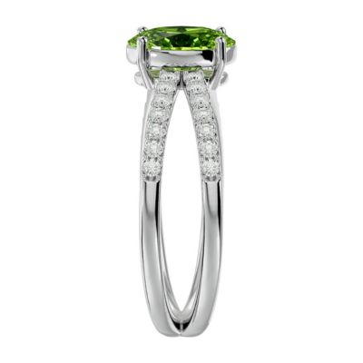 1 1/ Carat Oval Shape Peridot and Halo Diamond Ring Sterling Silver