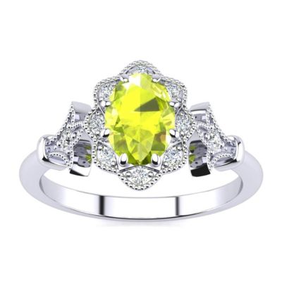 1 1/ Carat Oval Shape Peridot and Halo Diamond Ring Sterling Silver