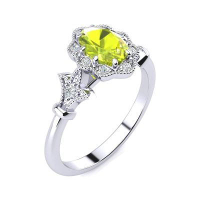 1 1/ Carat Oval Shape Peridot and Halo Diamond Ring Sterling Silver