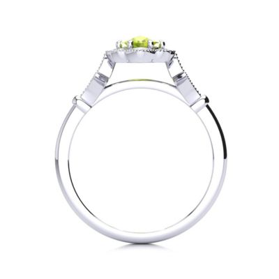 1 1/ Carat Oval Shape Peridot and Halo Diamond Ring Sterling Silver