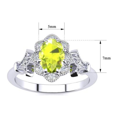 1 1/ Carat Oval Shape Peridot and Halo Diamond Ring Sterling Silver