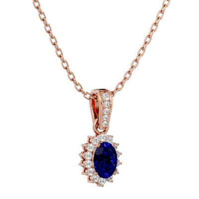 1 1/3 Carat Oval Shape Sapphire and Diamond Necklace 14 Karat Gold, 18 Inches