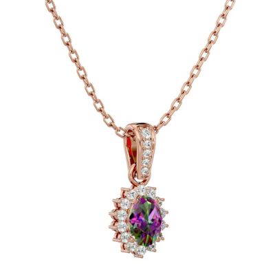 1 Carat Oval Shape Mystic Topaz Necklace With Diamond Halo 14 Karat Gold, 18 Inches