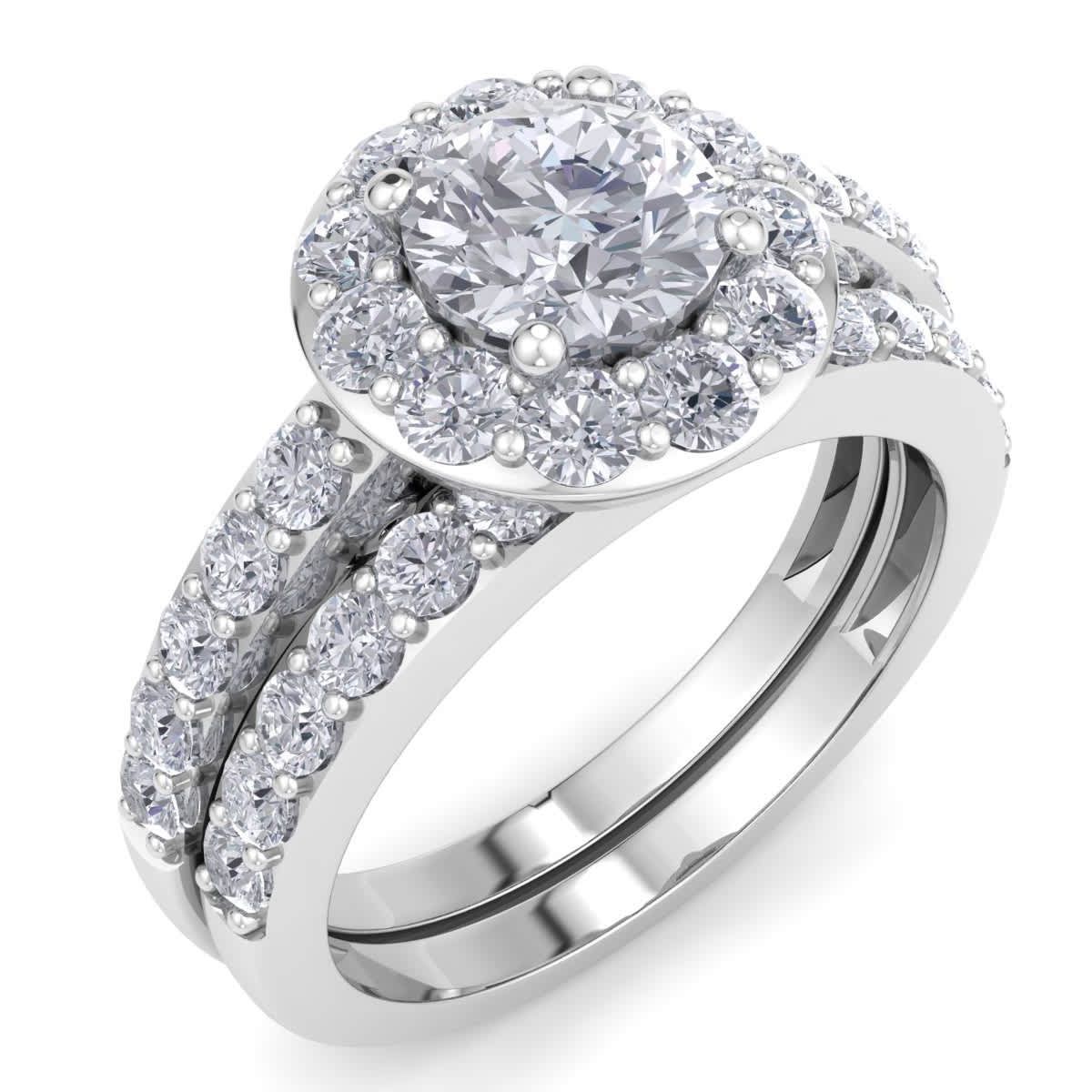 Lab Created 2 Carat Halo Lab Grown Diamond Bridal Set In Sterling Silver