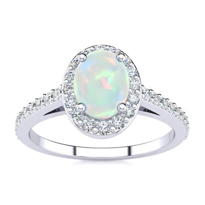Belk & Co Lab Created 1 Carat Oval Shape Gemstone and Halo Diamond Ring In Sterling Silver, 6