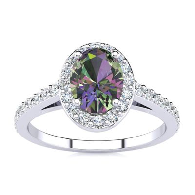 Belk & Co Lab Created 1 Carat Oval Shape Gemstone and Halo Diamond Ring In Sterling Silver, 5