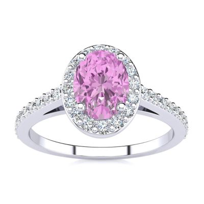 Belk & Co Lab Created 1 Carat Oval Shape Gemstone and Halo Diamond Ring In Sterling Silver, Pink, 7