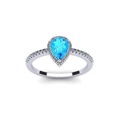 Belk & Co Lab Created 1 Carat Pear Shape Gemstone and Halo Diamond Ring In Sterling Silver, Blue, 5