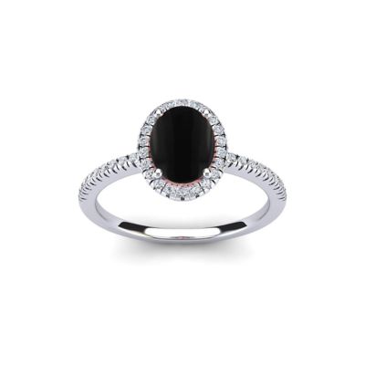 Belk & Co Lab Created 1 1/2 Carat Oval Shape Gemstone and Halo Diamond Ring In Sterling Silver, Black, 9