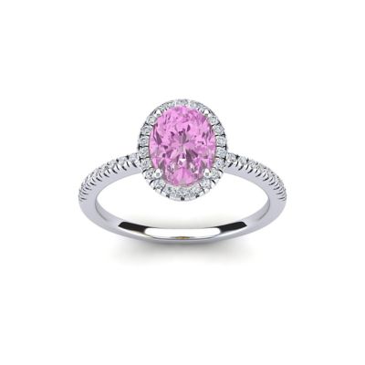Belk & Co Lab Created 1 1/2 Carat Oval Shape Gemstone and Halo Diamond Ring In Sterling Silver, Pink, 8