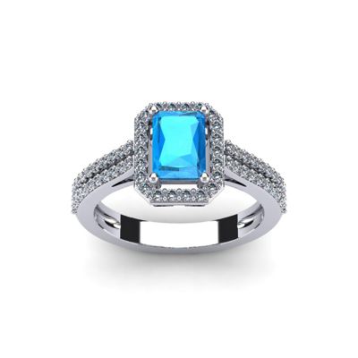 Belk & Co Lab Created 1 1/2 Carat Octagon Shape Gemstone and Halo Diamond Ring In Sterling Silver, Blue, 8