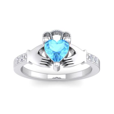 Belk & Co Lab Created 1 Carat Heart Shape Gemstone Diamond Claddagh Ring In Sterling Silver, Blue, 6