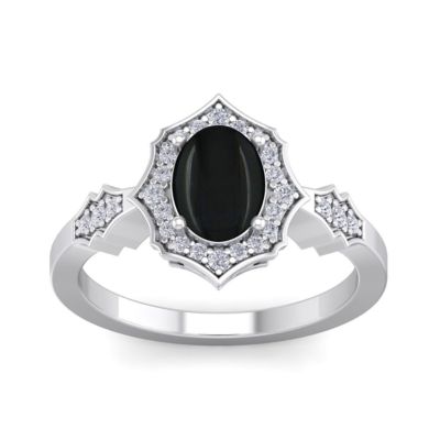 Belk & Co Lab Created 1 1/2 Carat Oval Shape Gemstone and Halo Diamond Ring In Sterling Silver, Black, 6