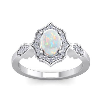 Belk & Co Lab Created 1 1/2 Carat Oval Shape Gemstone and Halo Diamond Ring In Sterling Silver, 10