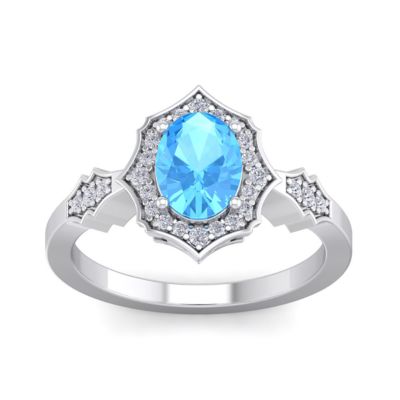Belk & Co Lab Created 1 1/2 Carat Oval Shape Gemstone and Halo Diamond Ring In Sterling Silver, Blue, 5