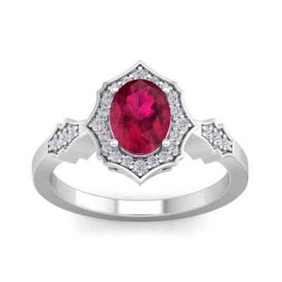Belk & Co Lab Created 1 1/2 Carat Oval Shape Gemstone and Halo Diamond Ring In Sterling Silver, 5