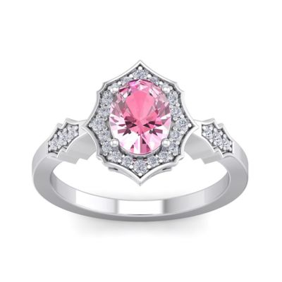 Belk & Co Lab Created 1 1/2 Carat Oval Shape Gemstone and Halo Diamond Ring In Sterling Silver, Pink, 5