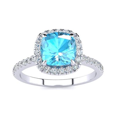 Belk & Co Lab Created 2 Carat Cushion Cut Gemstone and Halo Diamond Ring In Sterling Silver, Blue, 5
