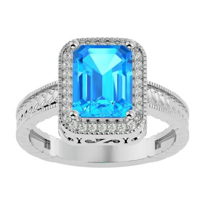 Belk & Co 2 3/4 Carat Emerald Shape Gemstone and Diamond Ring In Sterling Silver, Blue, 6