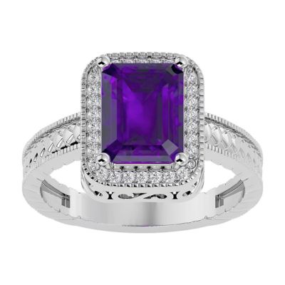Belk & Co 2 3/4 Carat Emerald Shape Gemstone and Diamond Ring In Sterling Silver, 7