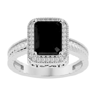 Belk & Co 2 3/4 Carat Emerald Shape Gemstone and Diamond Ring In Sterling Silver, Black, 6