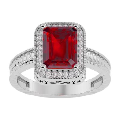 Belk & Co 2 3/4 Carat Emerald Shape Gemstone and Diamond Ring In Sterling Silver, 7