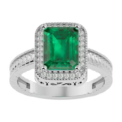 Belk & Co 2 3/4 Carat Emerald Shape Gemstone and Diamond Ring In Sterling Silver, 5