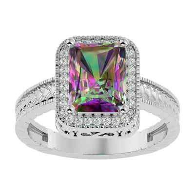 Belk & Co 2 3/4 Carat Emerald Shape Gemstone and Diamond Ring In Sterling Silver, 10