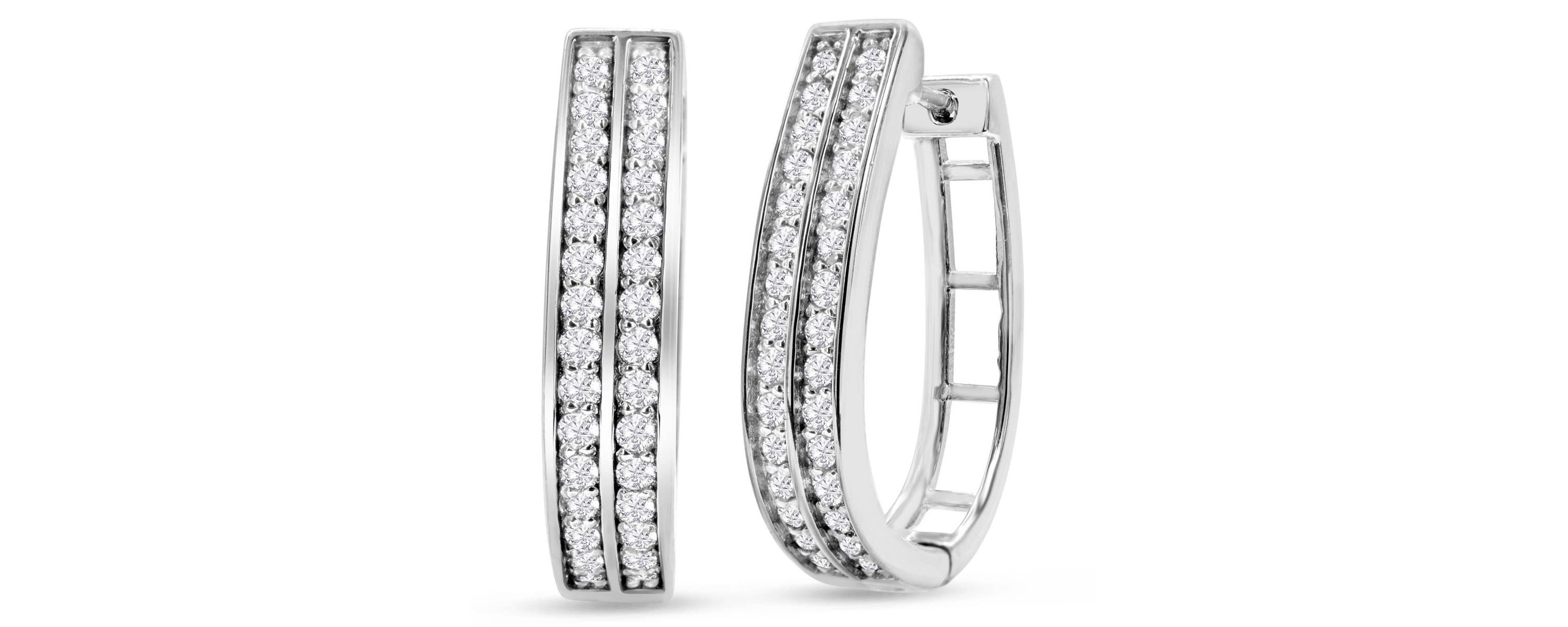 1 Carat Natural Diamond Two Row Hoop Earrings In Solid Sterling Silver, 3/4 Inch Long
