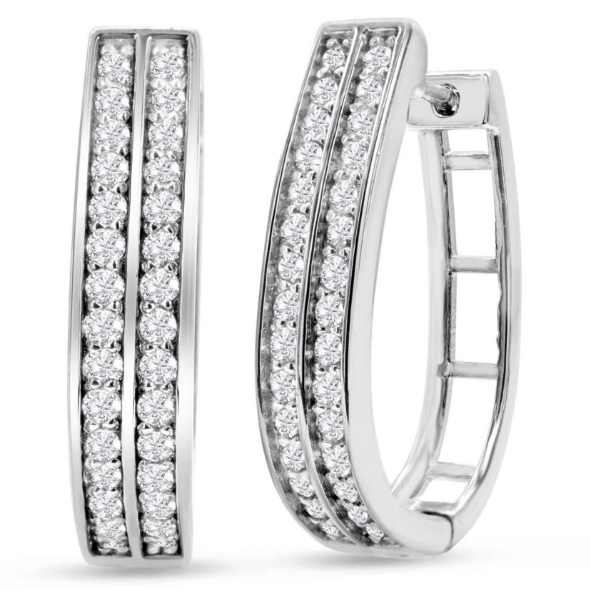 1 Carat Natural Diamond Two Row Hoop Earrings In Solid Sterling Silver, 3/4 Inch Long