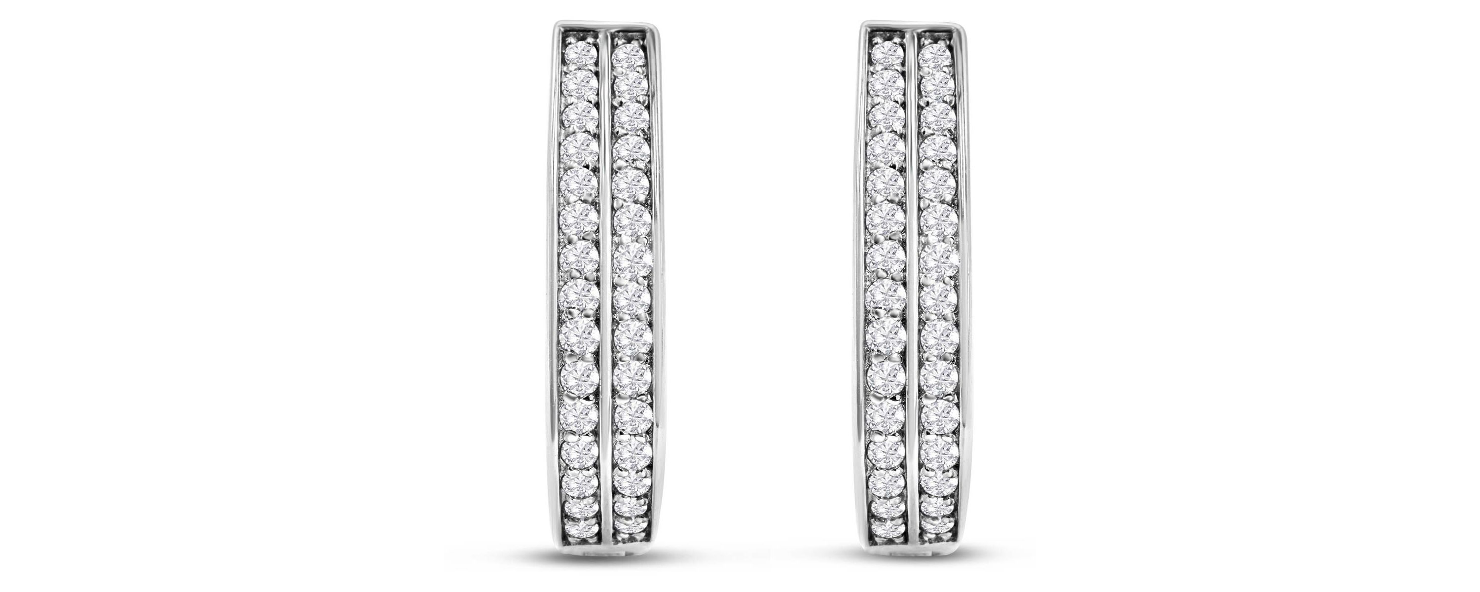 1 Carat Natural Diamond Two Row Hoop Earrings In Solid Sterling Silver, 3/4 Inch Long