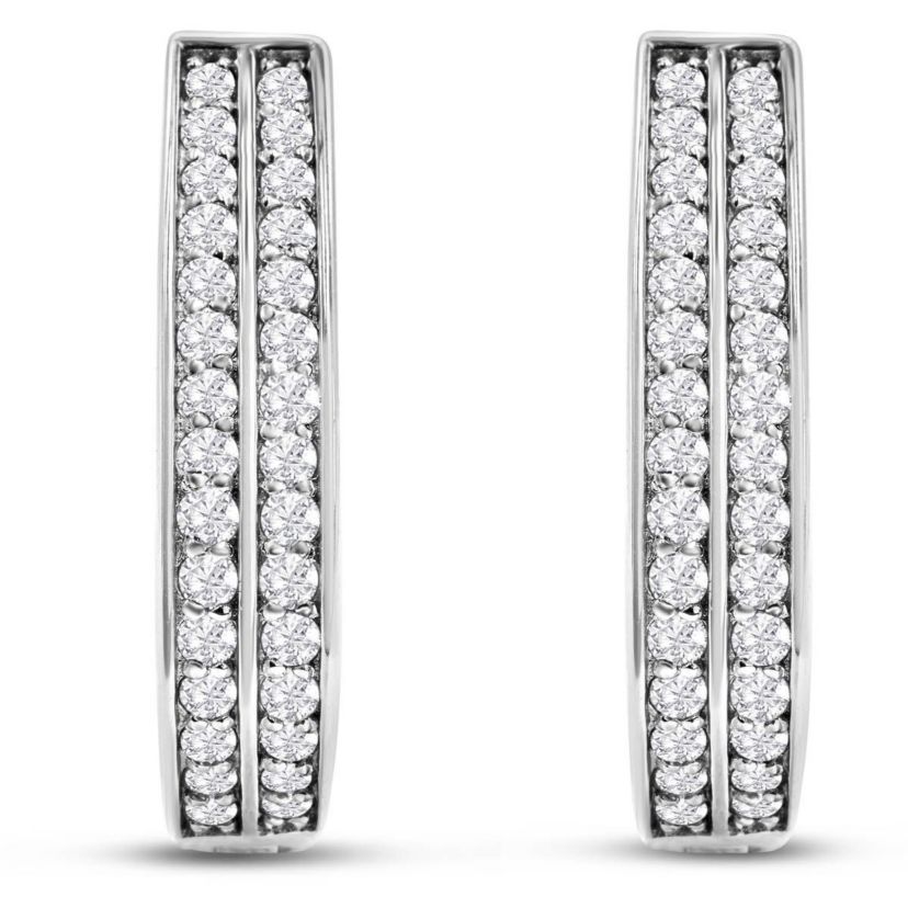 1 Carat Natural Diamond Two Row Hoop Earrings In Solid Sterling Silver, 3/4 Inch Long