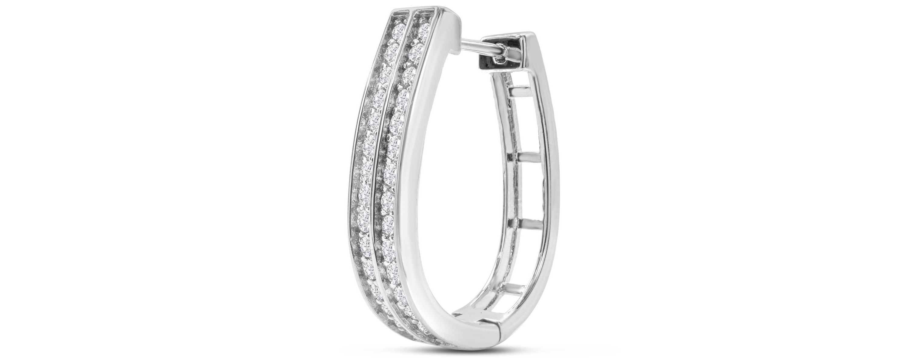 1 Carat Natural Diamond Two Row Hoop Earrings In Solid Sterling Silver, 3/4 Inch Long
