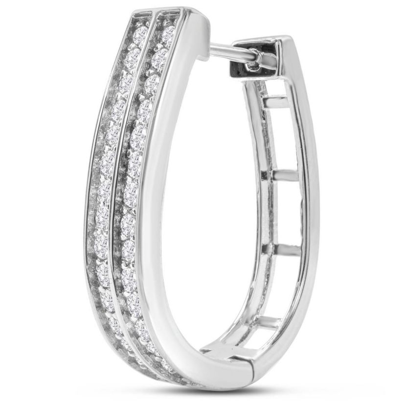 1 Carat Natural Diamond Two Row Hoop Earrings In Solid Sterling Silver, 3/4 Inch Long