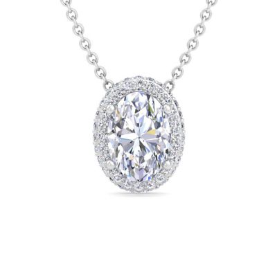 Martha Stewart Lab Created 2 1/4 Carat Oval Shape Lab Grown Diamond Halo Necklace In Sterling Silver
