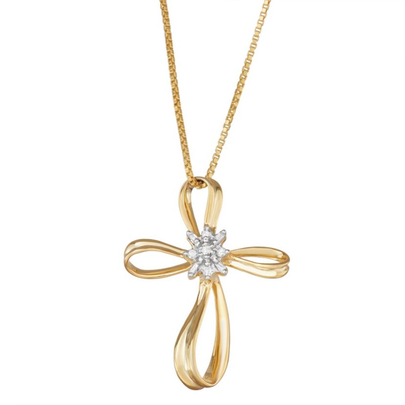 1/10 Cttw Diamond Cross Pendant Necklace Rhodium Plated Sterling Silver