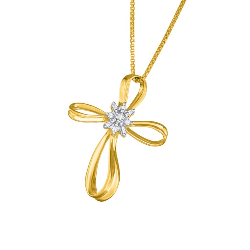 1/10 Cttw Diamond Cross Pendant Necklace Rhodium Plated Sterling Silver