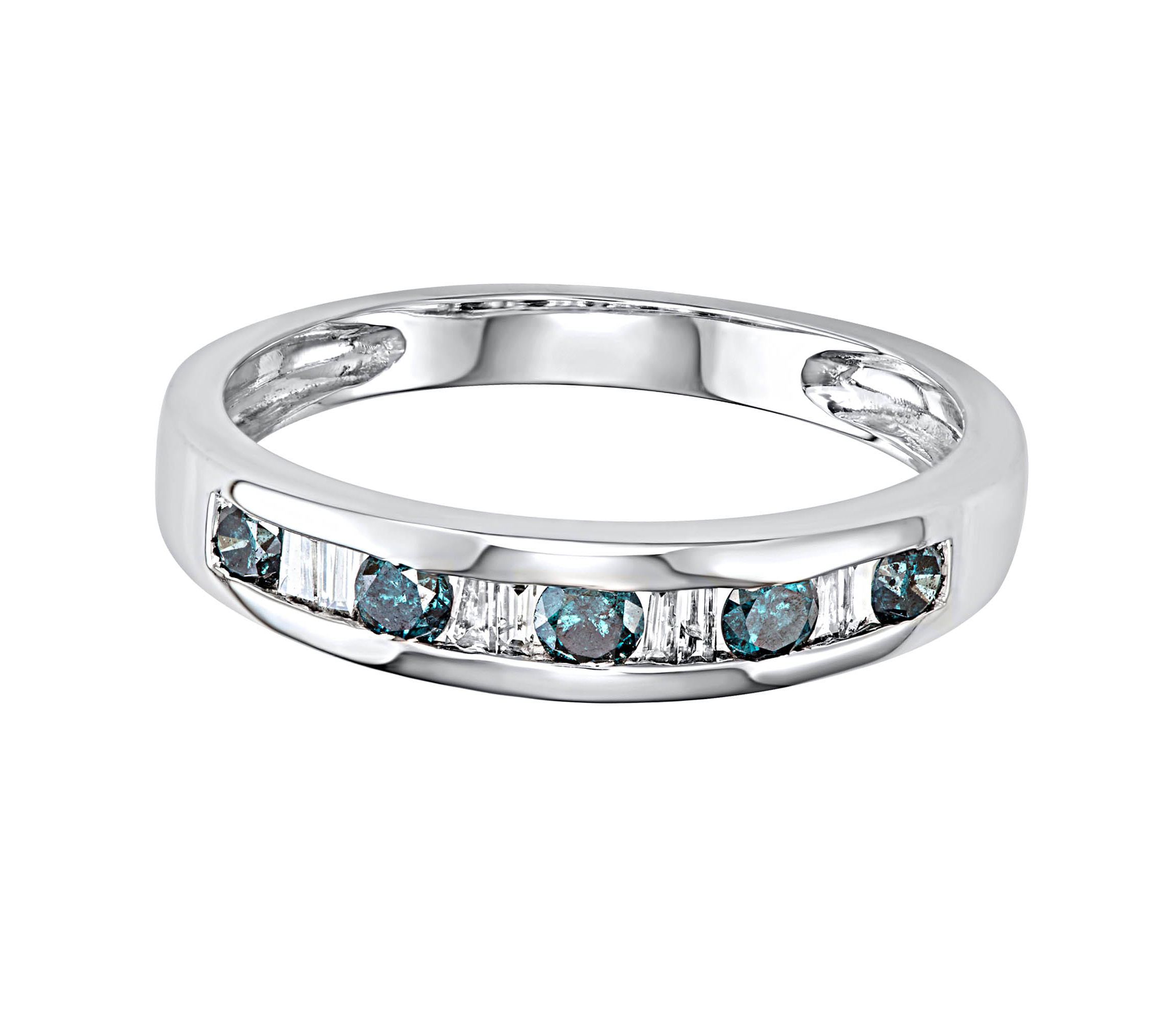 1/2 CTTW Blue Diamond And Baguette Wedding Band in 10K White Gold