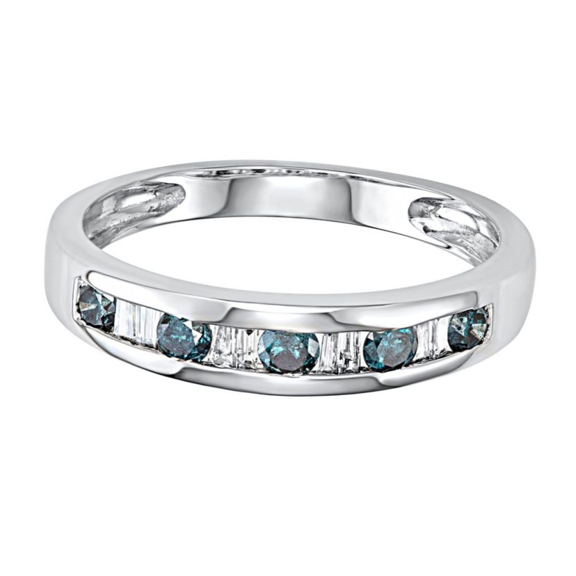 1/2 CTTW Blue Diamond And Baguette Wedding Band in 10K White Gold