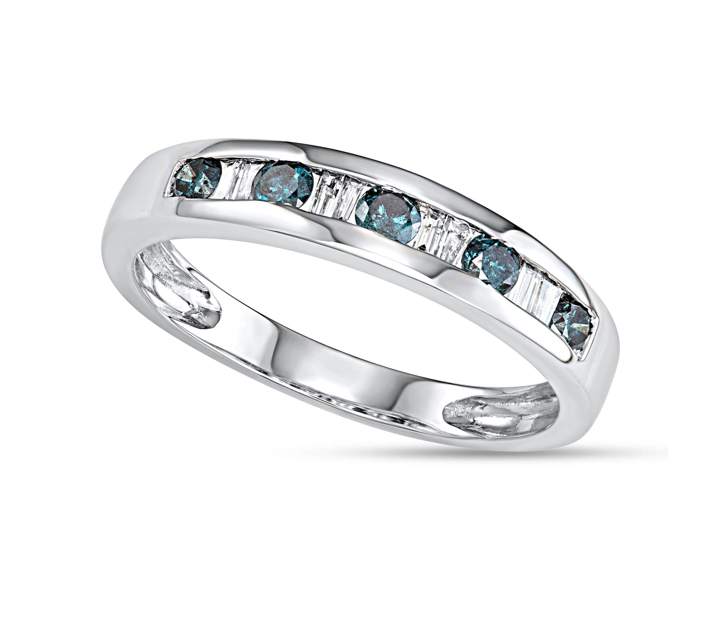 1/2 CTTW Blue Diamond And Baguette Wedding Band in 10K White Gold