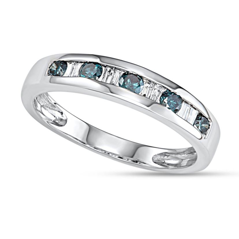1/2 CTTW Blue Diamond And Baguette Wedding Band in 10K White Gold