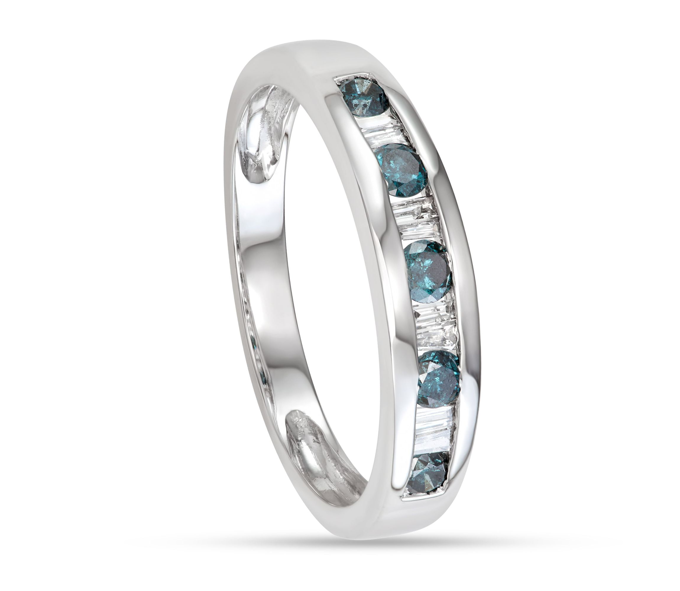 1/2 CTTW Blue Diamond And Baguette Wedding Band in 10K White Gold