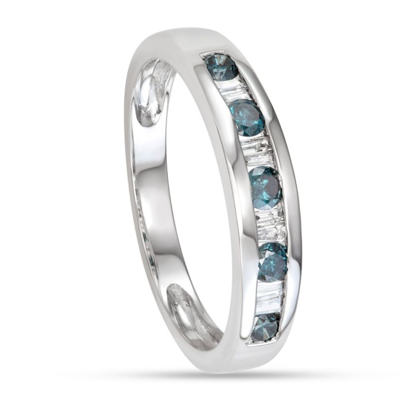 1/2 CTTW Blue Diamond And Baguette Wedding Band in 10K White Gold
