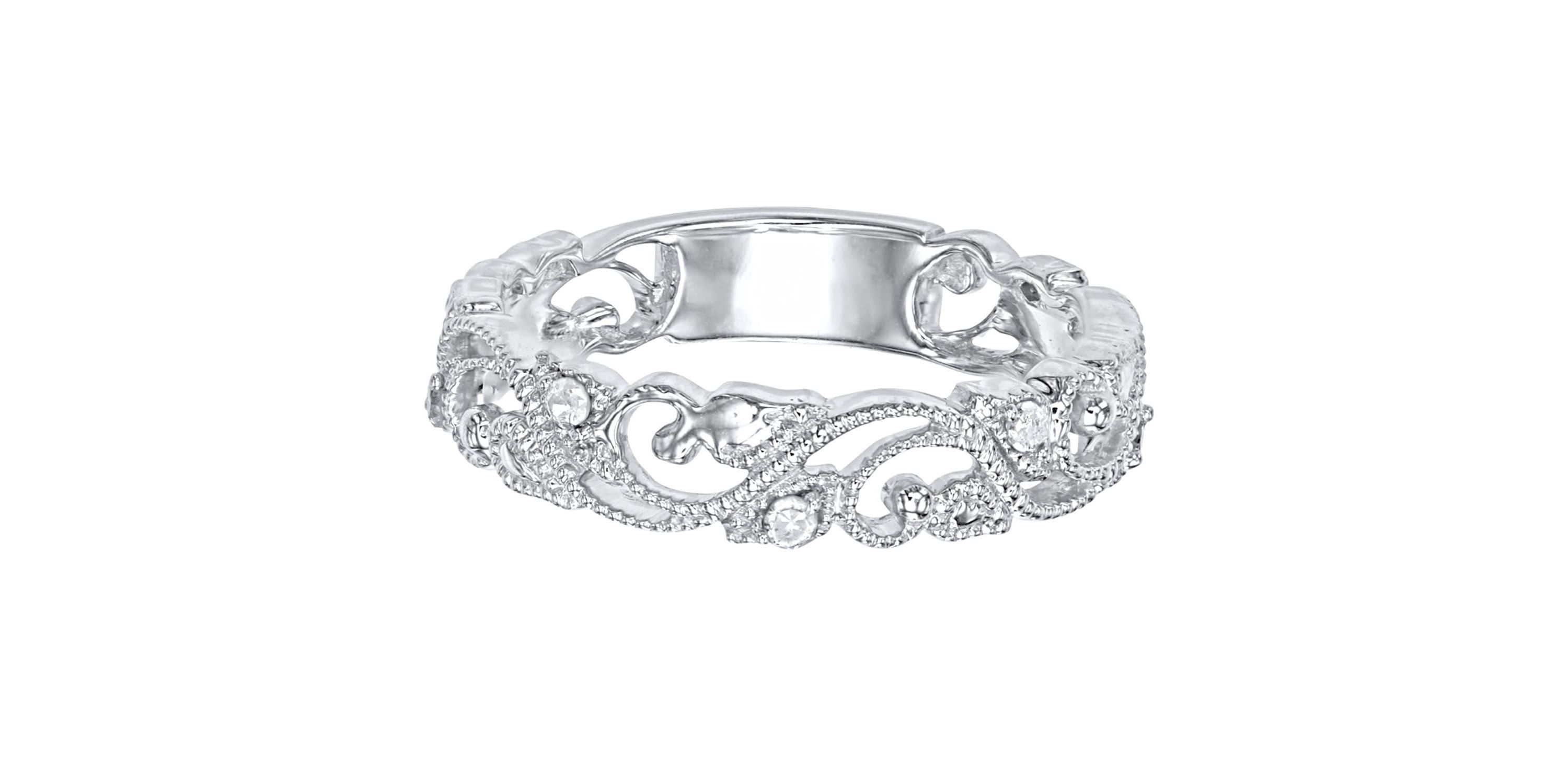 1/10 CTTW Diamond Vintage Look band in Rhodium Plated SterlingSilver