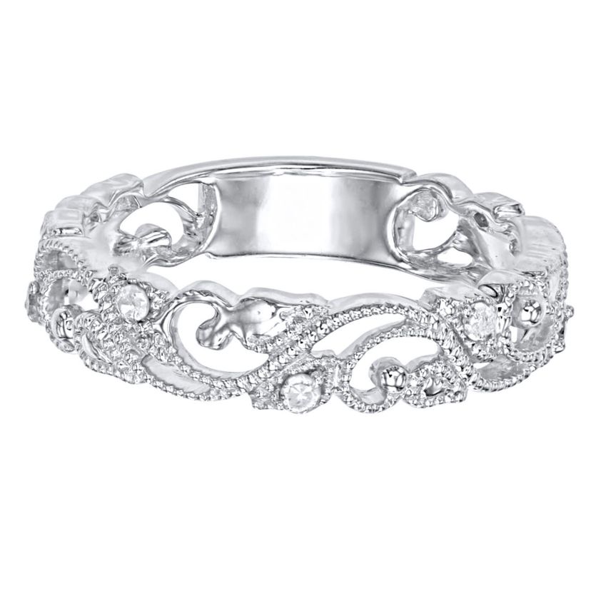 1/10 CTTW Diamond Vintage Look band in Rhodium Plated SterlingSilver