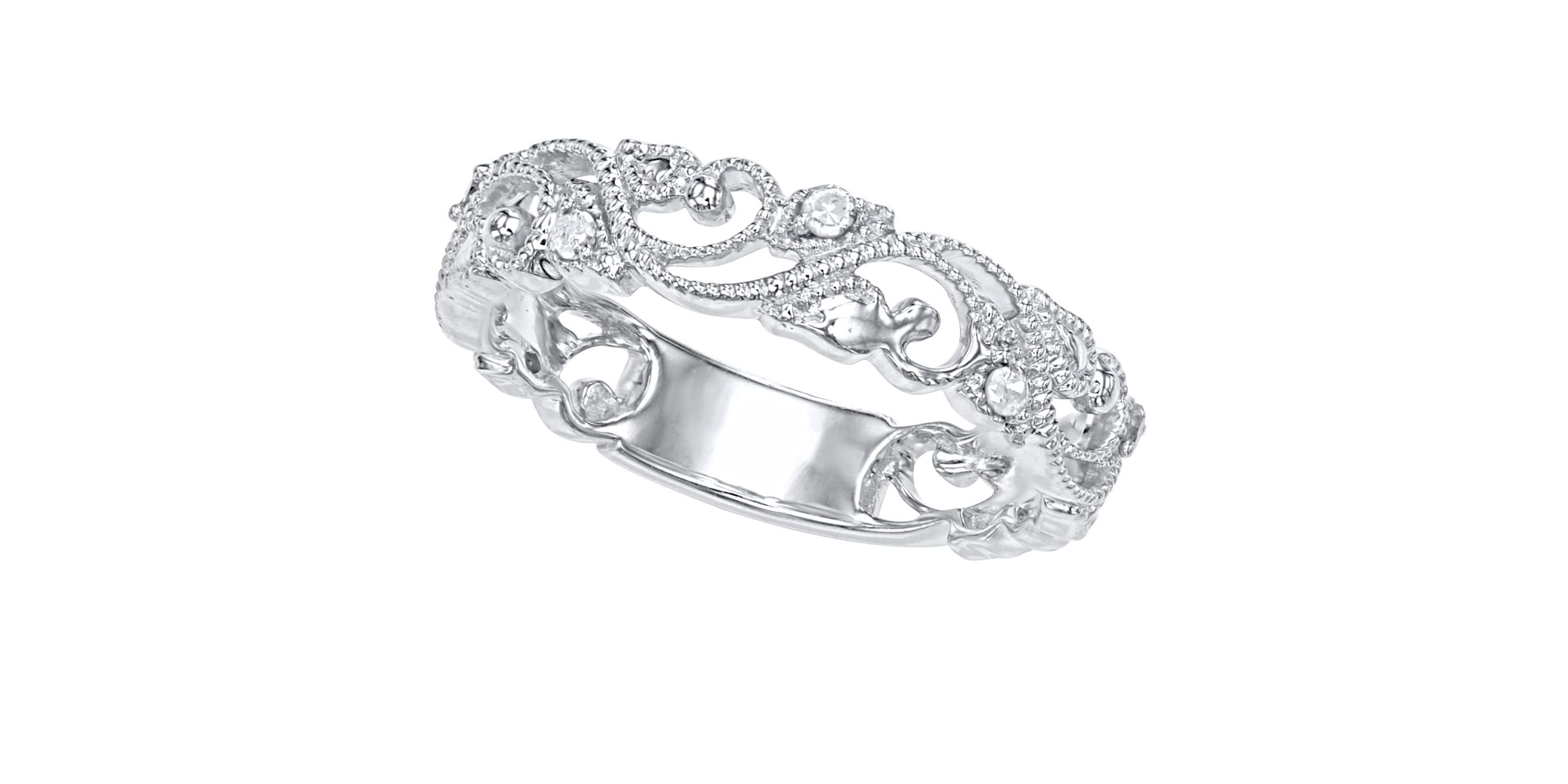 1/10 CTTW Diamond Vintage Look band in Rhodium Plated SterlingSilver